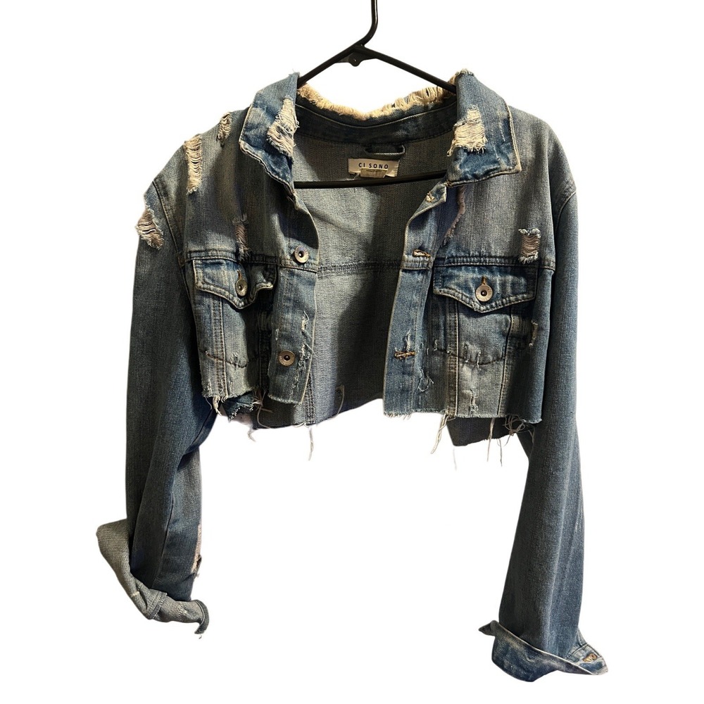 Cisono Women's Distressed Denim Jacket  Cropped Size Large Long Sleeve